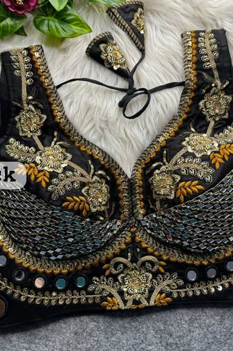 Black designer italian silkblend beads & real mirror work blouse
