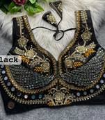 Black designer italian silkblend beads & real mirror work blouse