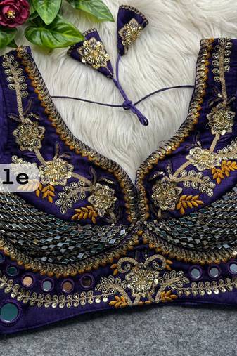 Purple designer italian silkblend beads & real mirror work blouse