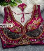 Magenta designer italian silkblend beads & real mirror work blouse