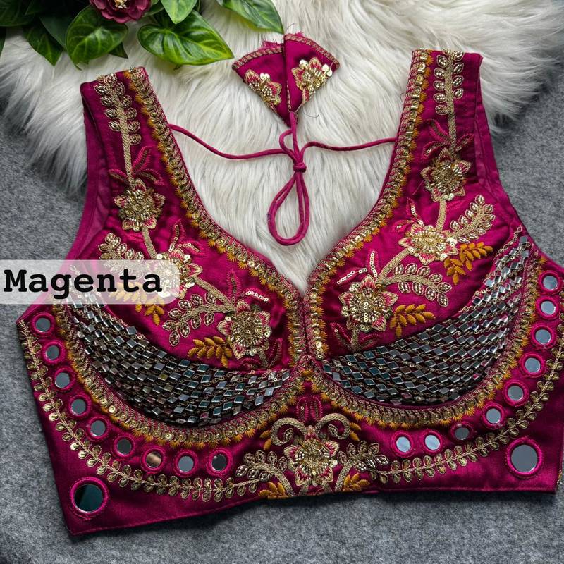 Magenta designer italian silkblend beads & real mirror work blouse