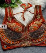 Rust designer italian silkblend beads & real mirror work blouse