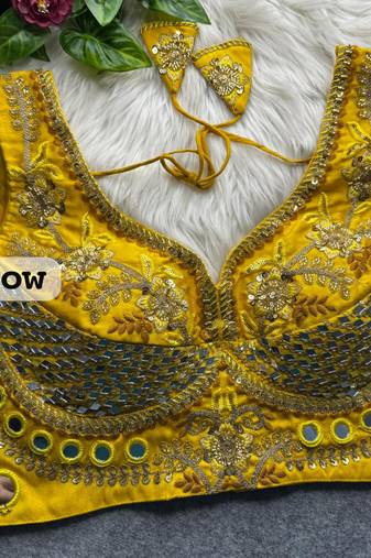 Yellow designer italian silkblend beads & real mirror work blouse
