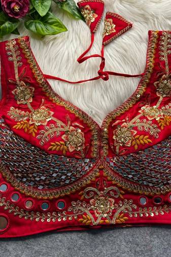 Red designer italian silkblend beads & real mirror work blouse
