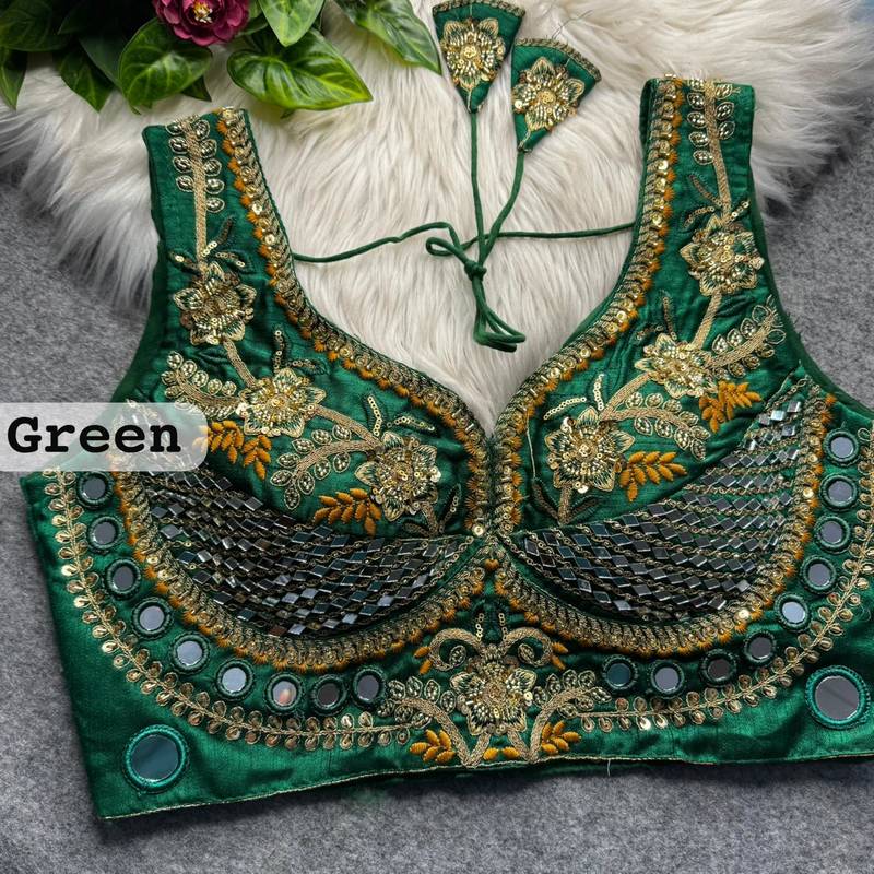 Green designer italian silkblend beads & real mirror work blouse