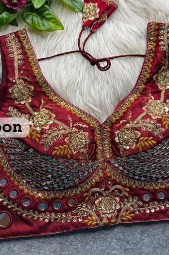 Maroon designer italian silkblend beads & real mirror work blouse