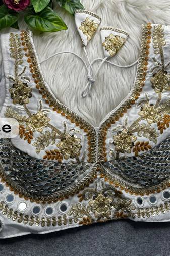 White designer italian silkblend beads & real mirror work blouse