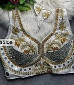 White designer italian silkblend beads & real mirror work blouse