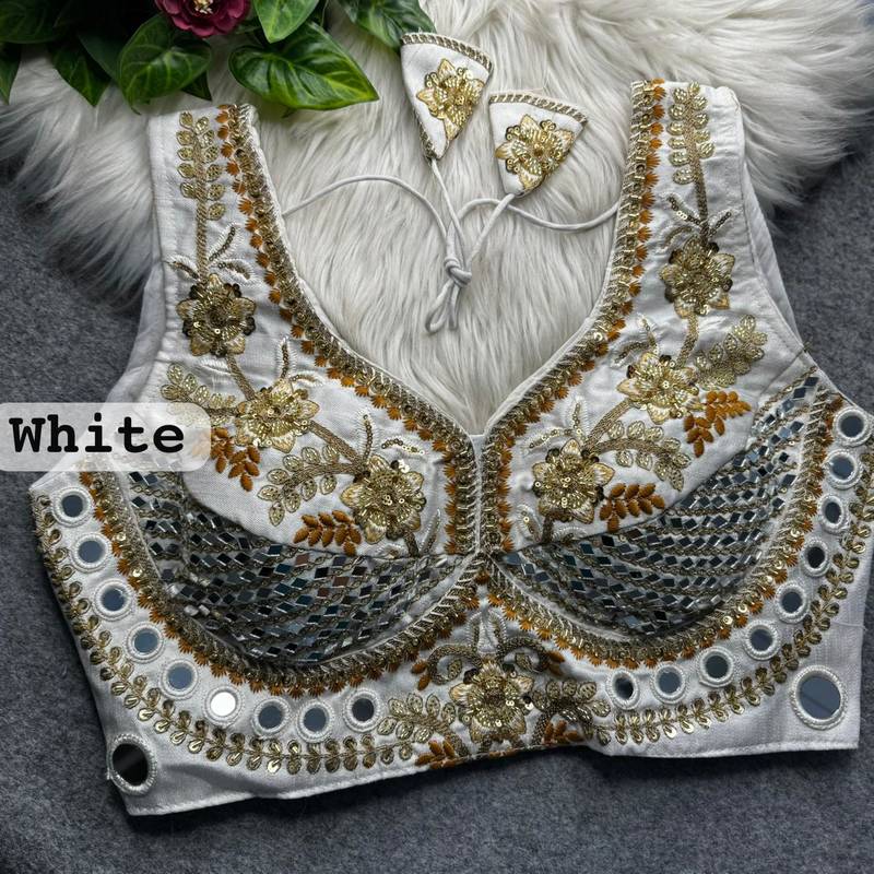 White designer italian silkblend beads & real mirror work blouse