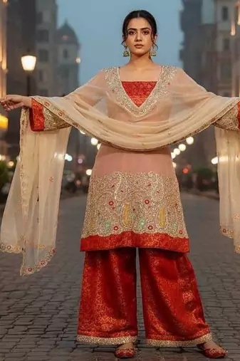 Orange pure tissue embroidered kurti palazzo set with dupatta