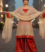 Orange pure tissue embroidered kurti palazzo set with dupatta