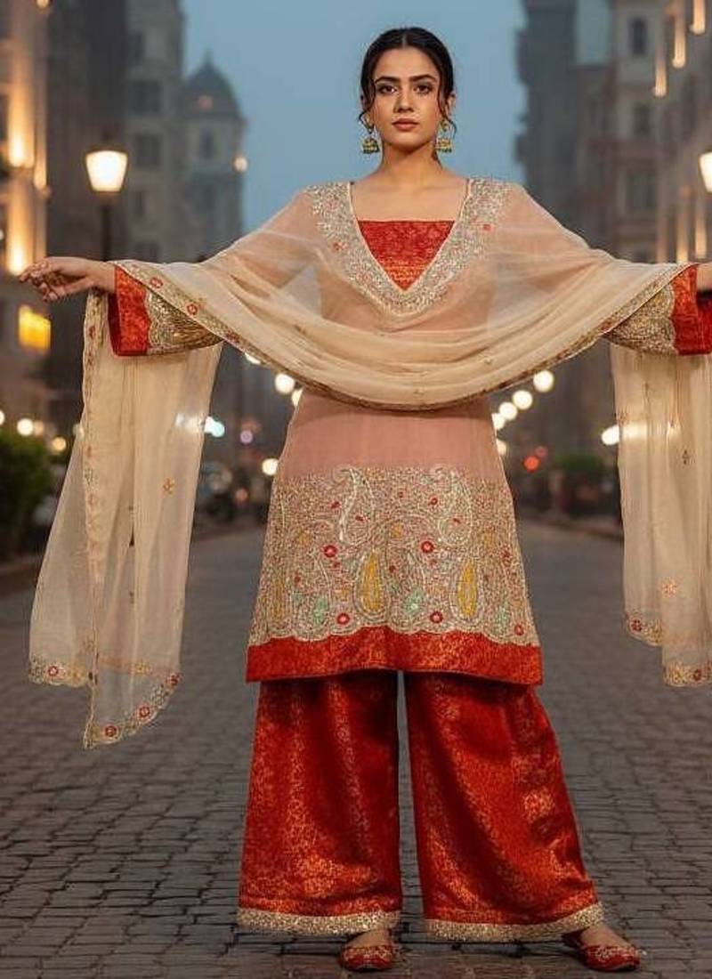 Orange pure tissue embroidered kurti palazzo set with dupatta