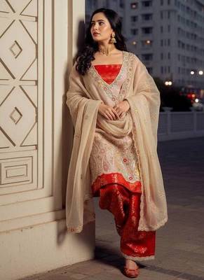 Orange pure tissue embroidered kurti palazzo set with dupatta 2