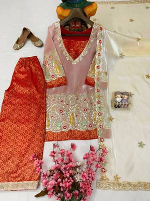 Orange pure tissue embroidered kurti palazzo set with dupatta 3