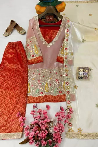 Orange pure tissue embroidered kurti palazzo set with dupatta