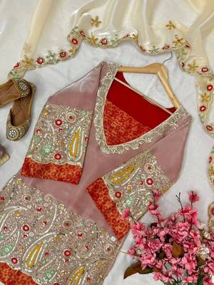 Orange pure tissue embroidered kurti palazzo set with dupatta 4