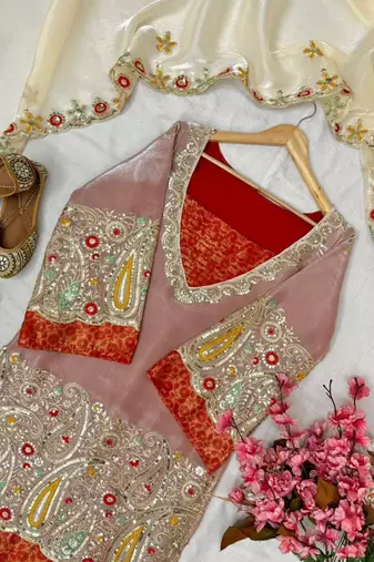 Orange pure tissue embroidered kurti palazzo set with dupatta