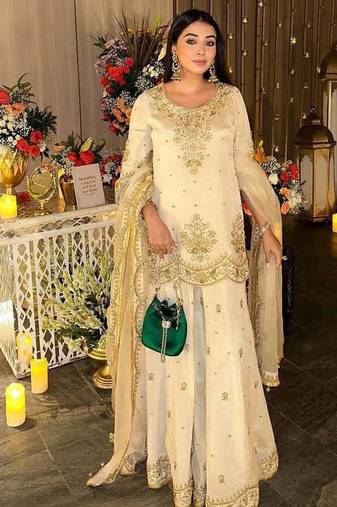 Cream chinnon silkblend kurti palazzo set with embroidered dupatta