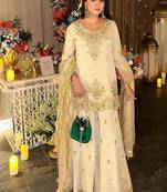 Cream chinnon silkblend kurti palazzo set with embroidered dupatta