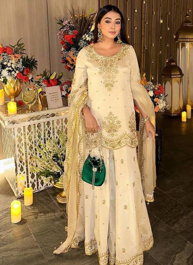 Cream chinnon silkblend kurti palazzo set with embroidered dupatta