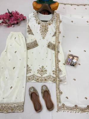 Cream chinnon silkblend kurti palazzo set with embroidered dupatta 2