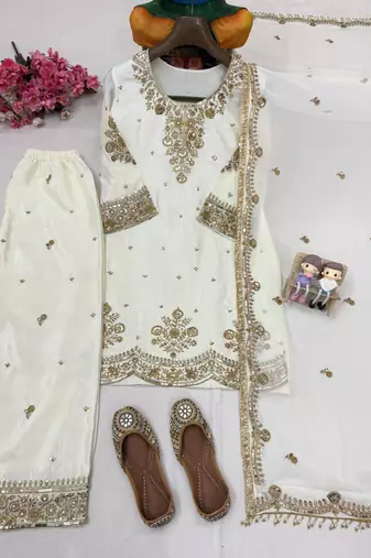 Cream chinnon silkblend kurti palazzo set with embroidered dupatta