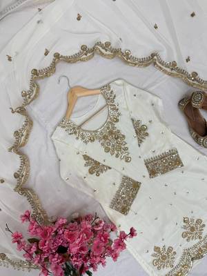 Cream chinnon silkblend kurti palazzo set with embroidered dupatta 3