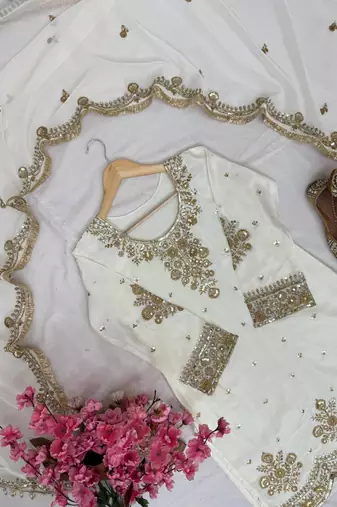 Cream chinnon silkblend kurti palazzo set with embroidered dupatta