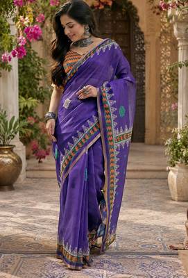 Purple linen floral & geomatric motifs digital print bollywood saree 1