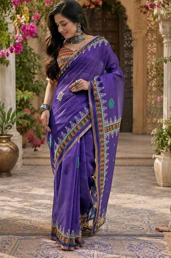 Purple linen floral & geomatric motifs digital print bollywood saree