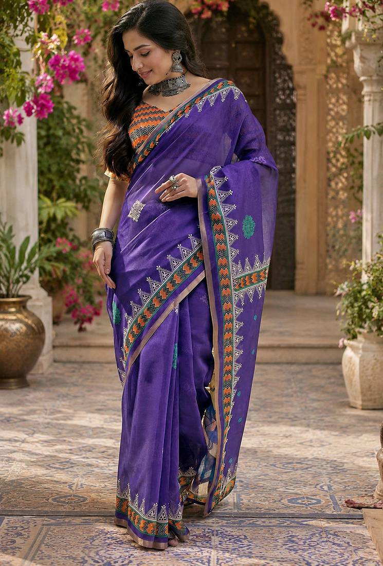 Purple linen floral & geomatric motifs digital print bollywood saree