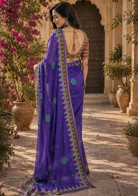 Purple linen floral & geomatric motifs digital print bollywood saree 3