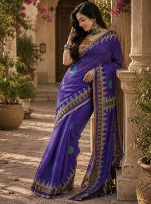 Purple linen floral & geomatric motifs digital print bollywood saree 4