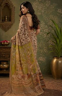 Cream & brown linen kalamkari digital print bollywood saree 4
