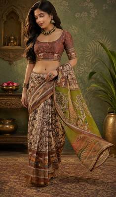 Cream & brown linen kalamkari digital print bollywood saree 5