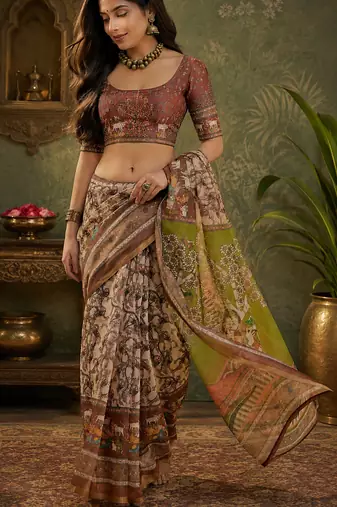 Cream & brown linen kalamkari digital print bollywood saree