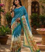 Slate blue linen screen print digital print bollywood saree