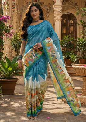 Slate blue linen screen print digital print bollywood saree 2