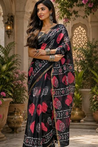 Black linen batik print digital print bollywood saree