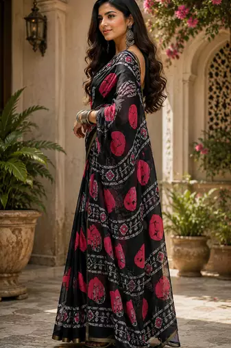 Black linen batik print digital print bollywood saree