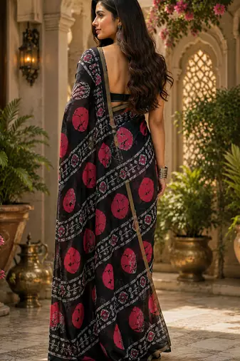 Black linen batik print digital print bollywood saree