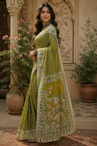 Olive green linen kalamkari digital print bollywood saree