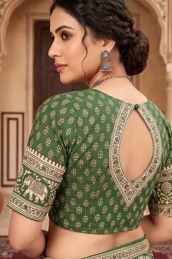 Olive green linen kalamkari digital print bollywood saree