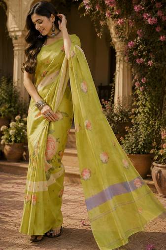 Lime green linen floral print digital print bollywood saree