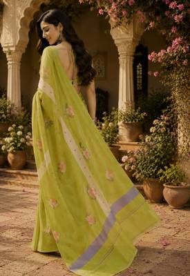 Lime green linen floral print digital print bollywood saree 4