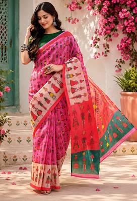 Baby pink linen folk figurines digital print bollywood saree 1