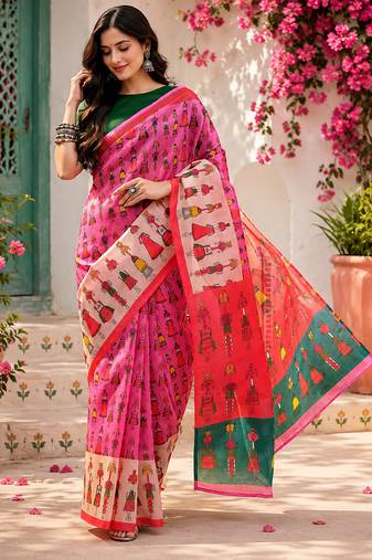 Baby pink linen folk figurines digital print bollywood saree