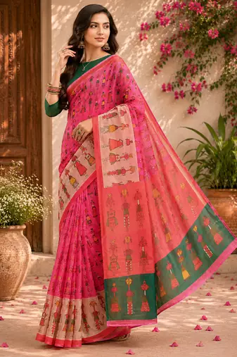 Baby pink linen folk figurines digital print bollywood saree