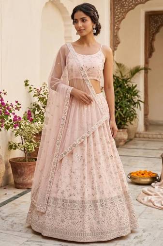 Peach Georgette Zari & Sequin Embroidered Lehenga Choli with Net Dupatta