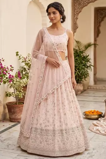 Peach Georgette Zari & Sequin Embroidered Lehenga Choli with Net Dupatta
